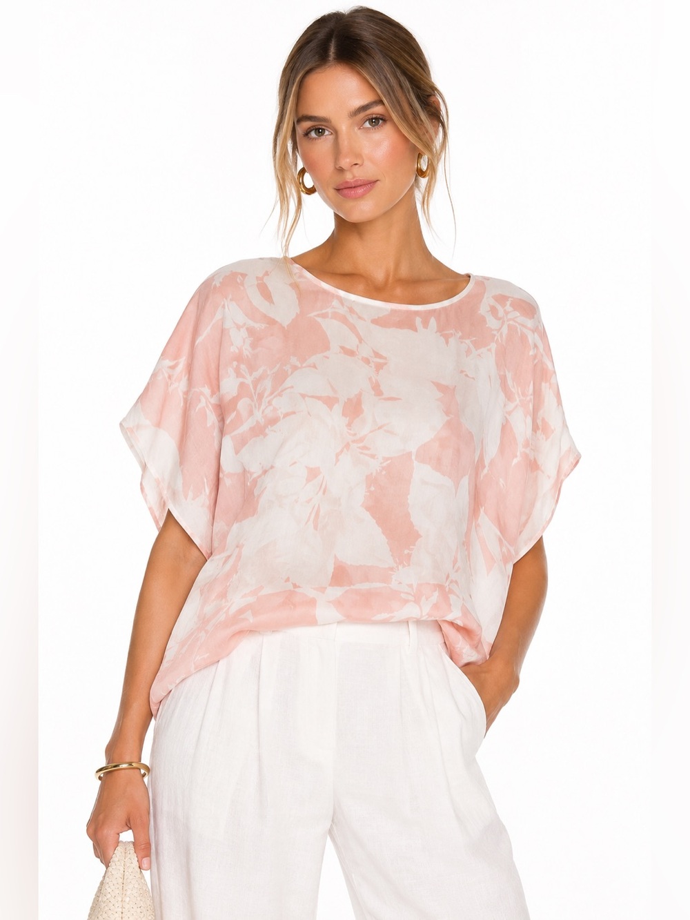 Club Monaco Silk Blouse XS Pink Ivory Abstract Print Oversized Boxy Top